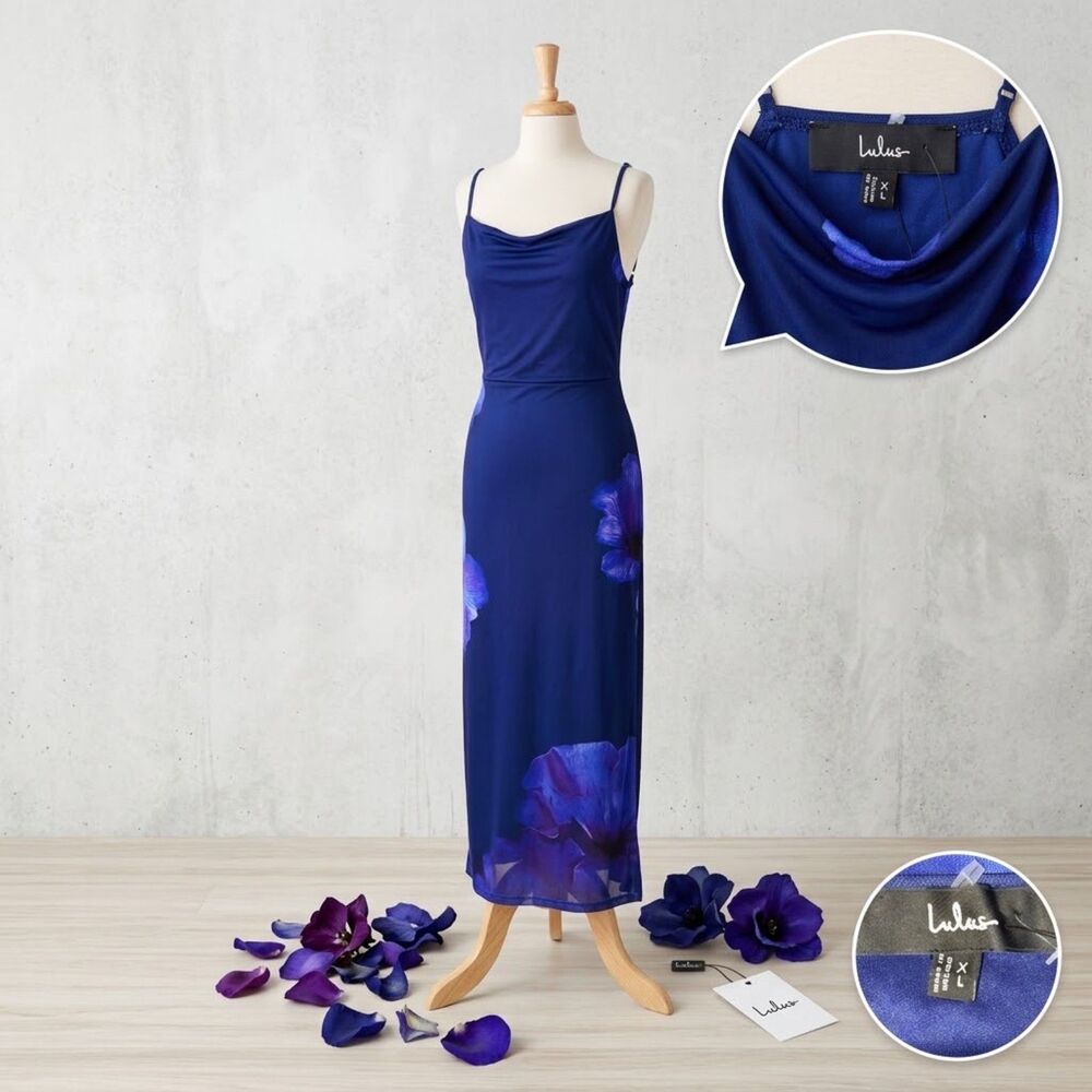 NWT Lulus XL Indigo Purple Floral Cowl Neck Maxi Dress Adjustable Straps